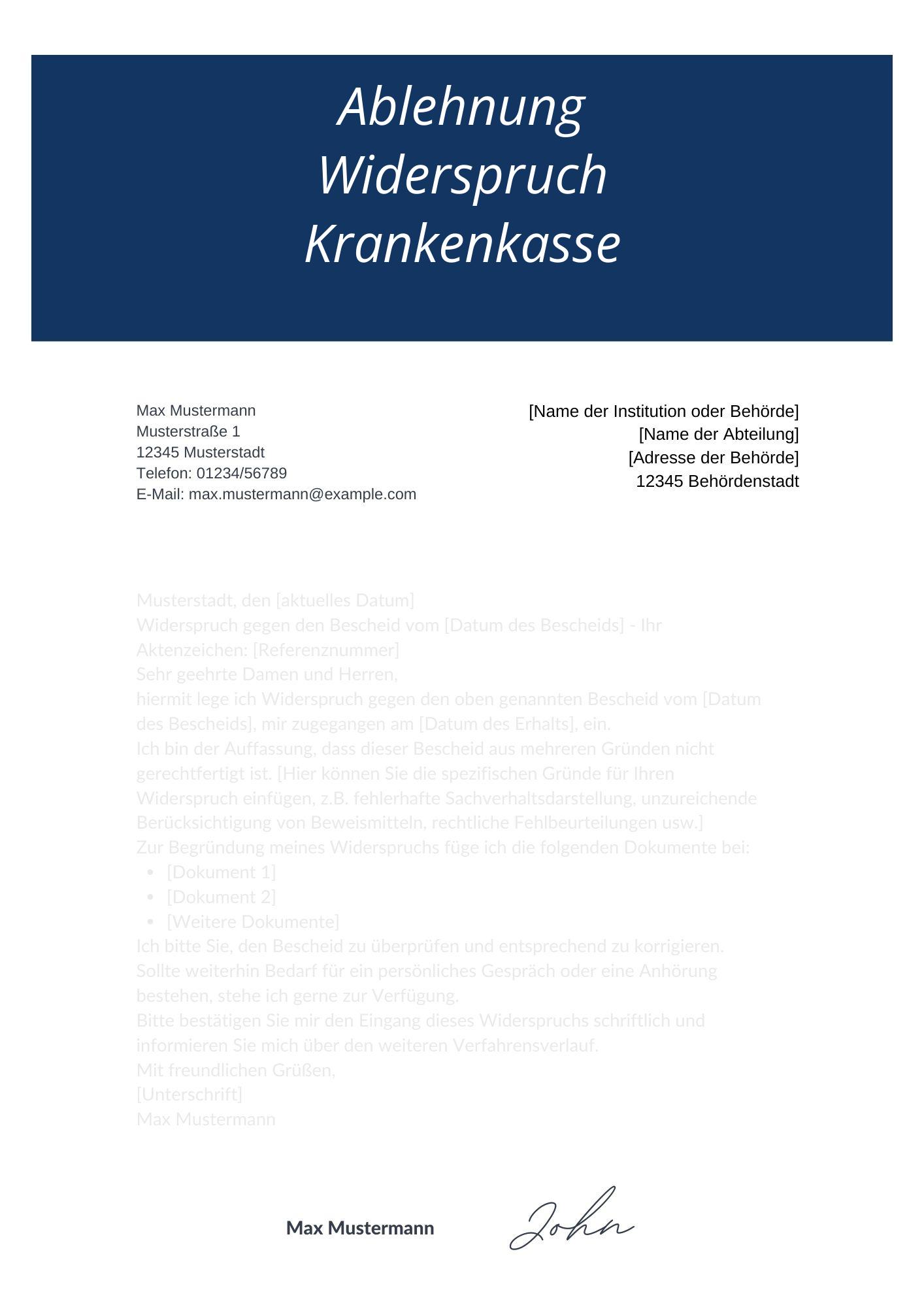 Ablehnung Widerspruch Krankenkasse