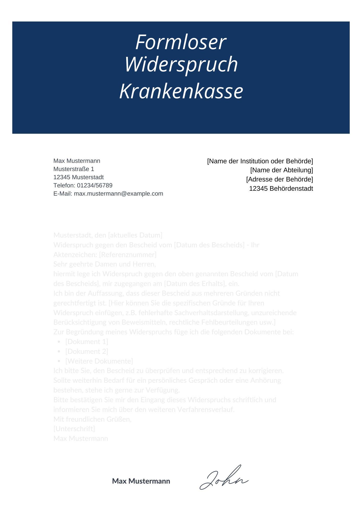 Formloser Widerspruch Krankenkasse