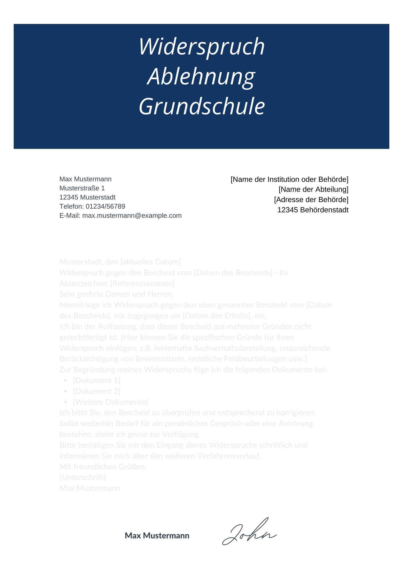 Widerspruch Ablehnung Grundschule