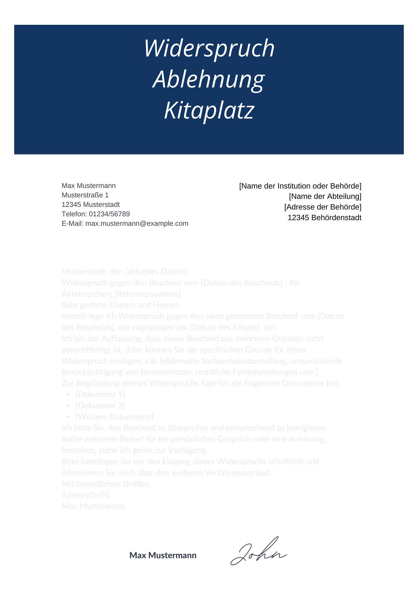 Widerspruch Ablehnung Kitaplatz