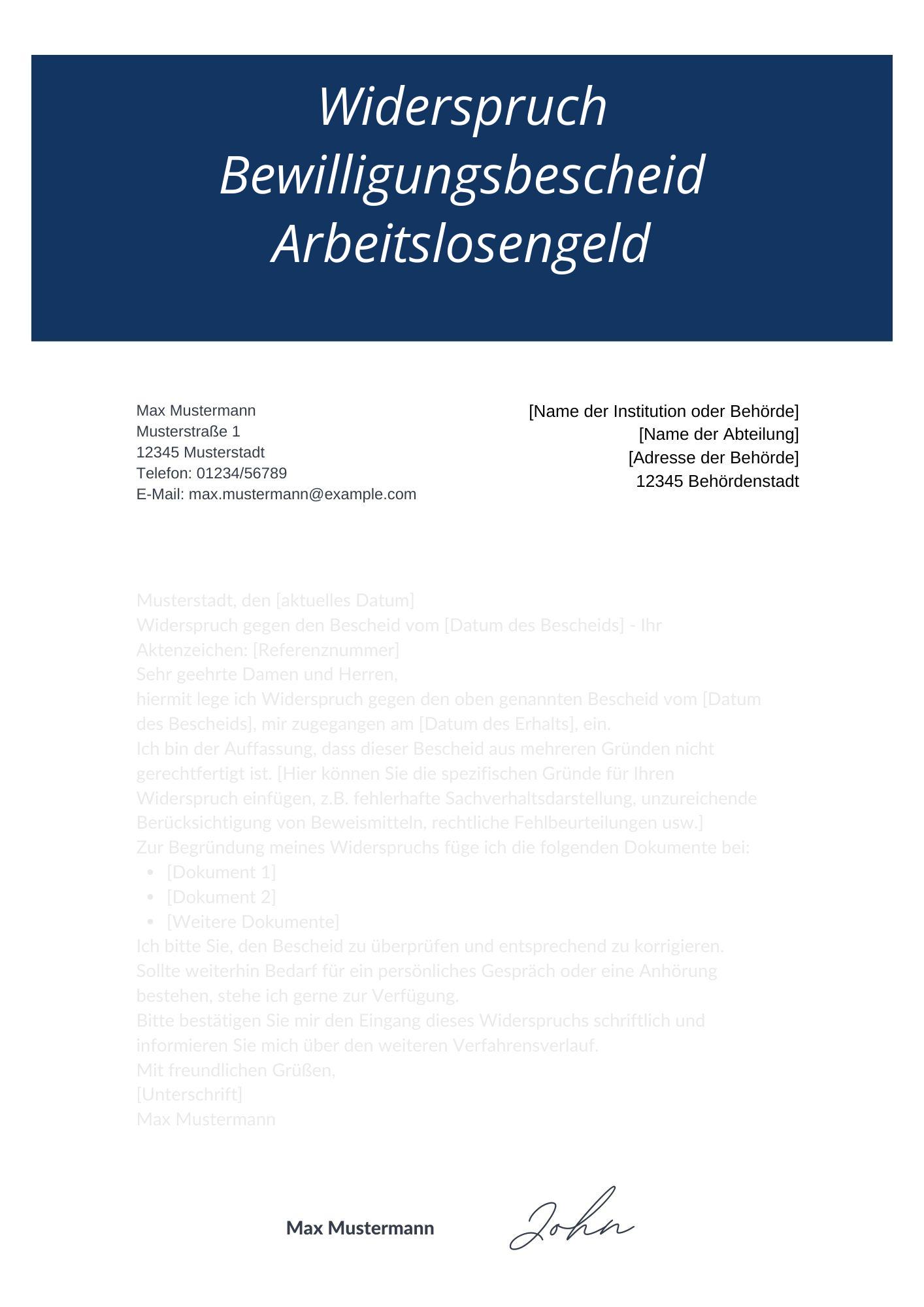 Widerspruch Bewilligungsbescheid Arbeitslosengeld