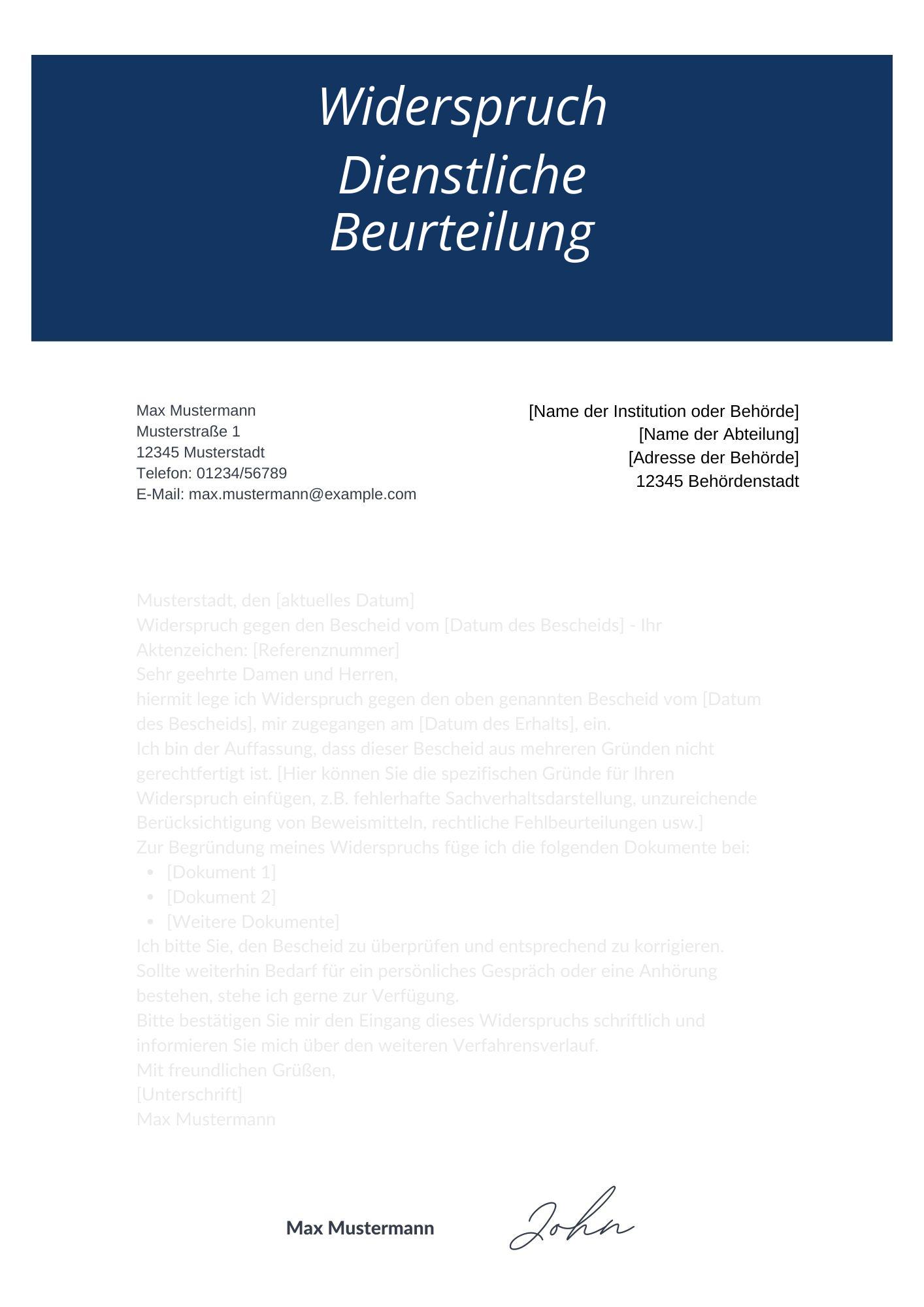 Widerspruch Dienstliche Beurteilung