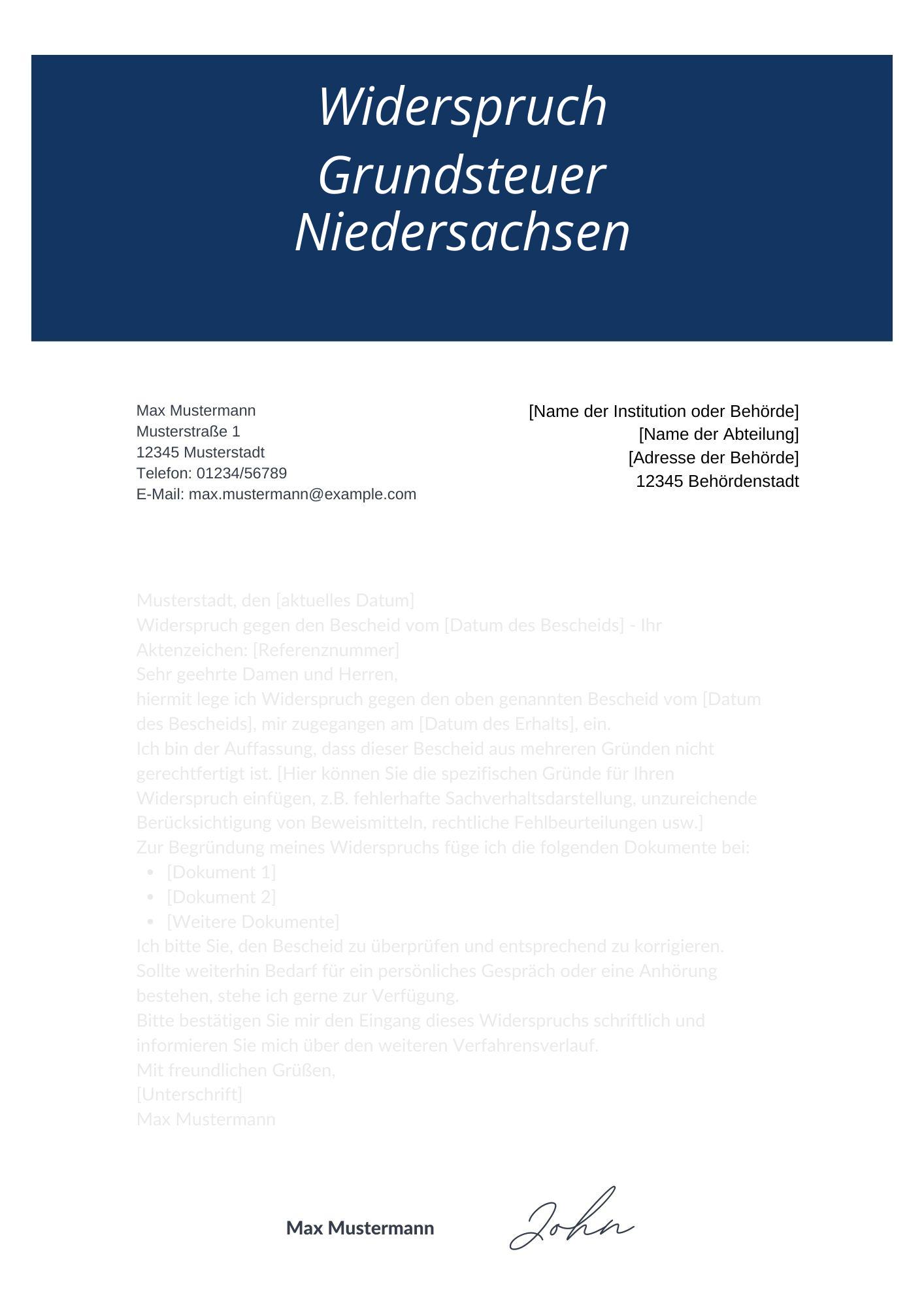 Widerspruch Grundsteuer Niedersachsen