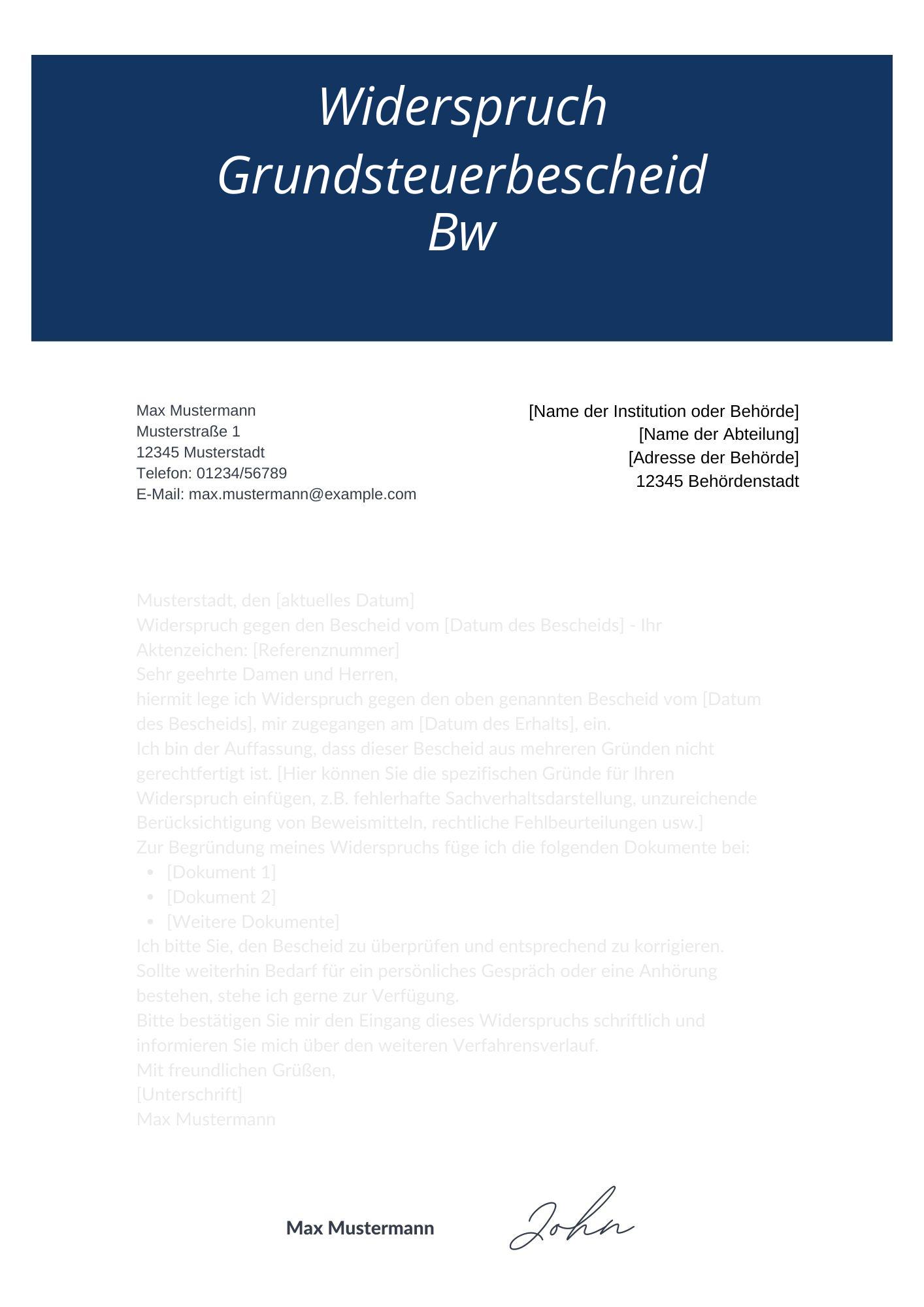 Widerspruch Grundsteuerbescheid Bw