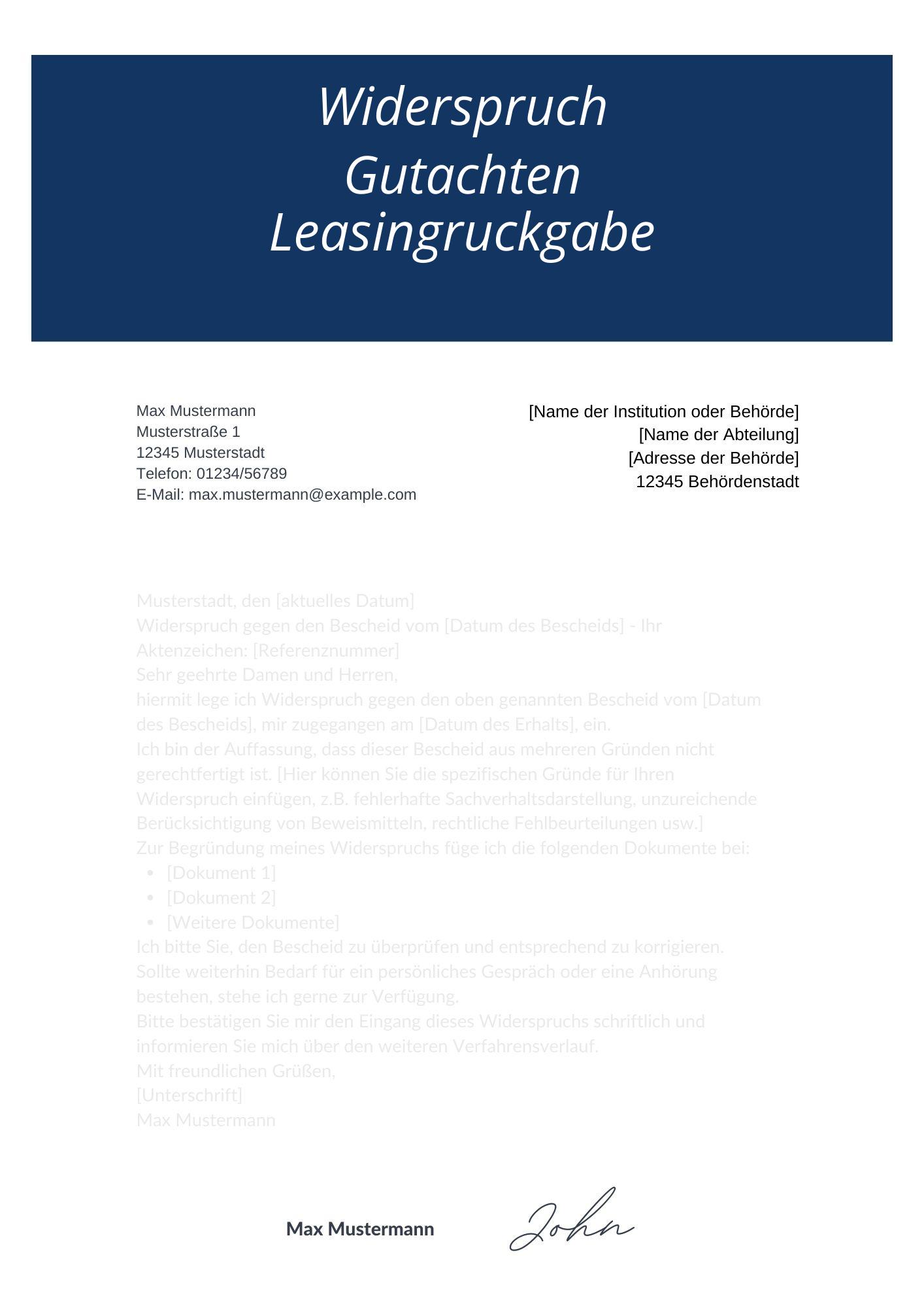 Widerspruch Gutachten Leasingrückgabe