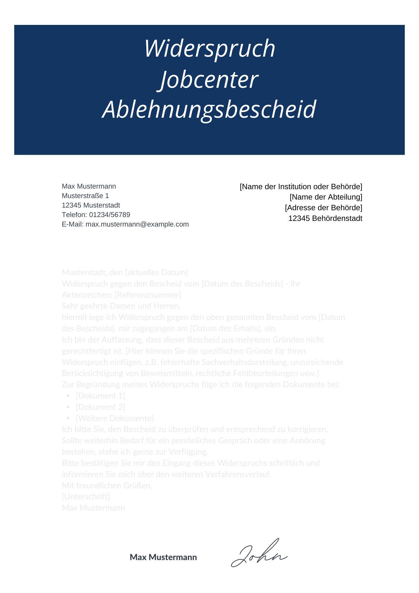 Widerspruch Jobcenter Ablehnungsbescheid