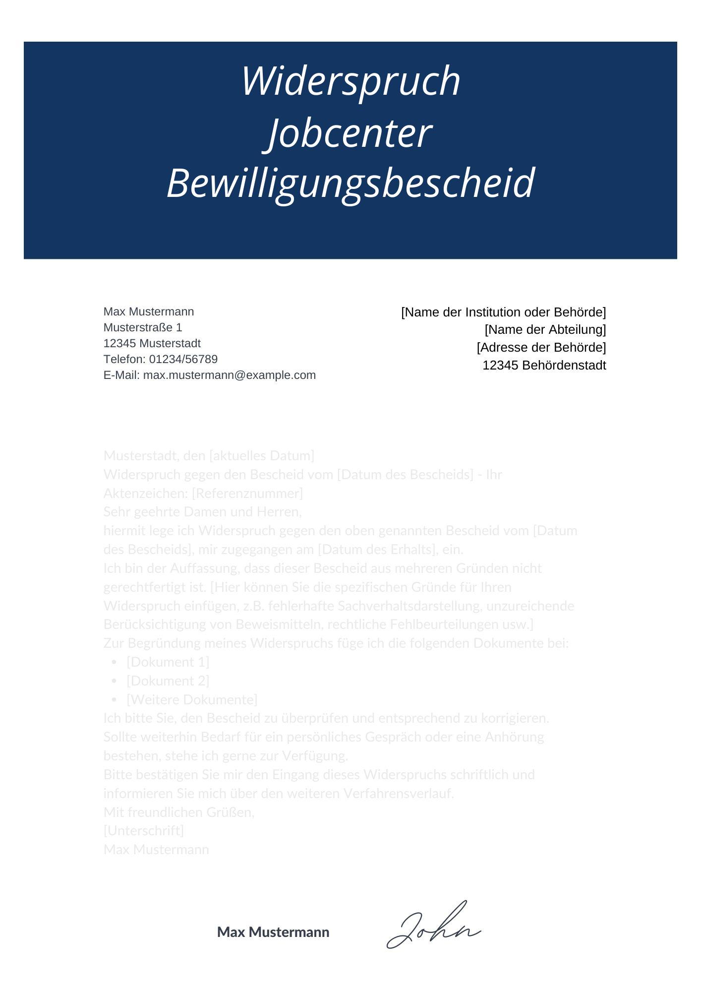 Widerspruch Jobcenter Bewilligungsbescheid