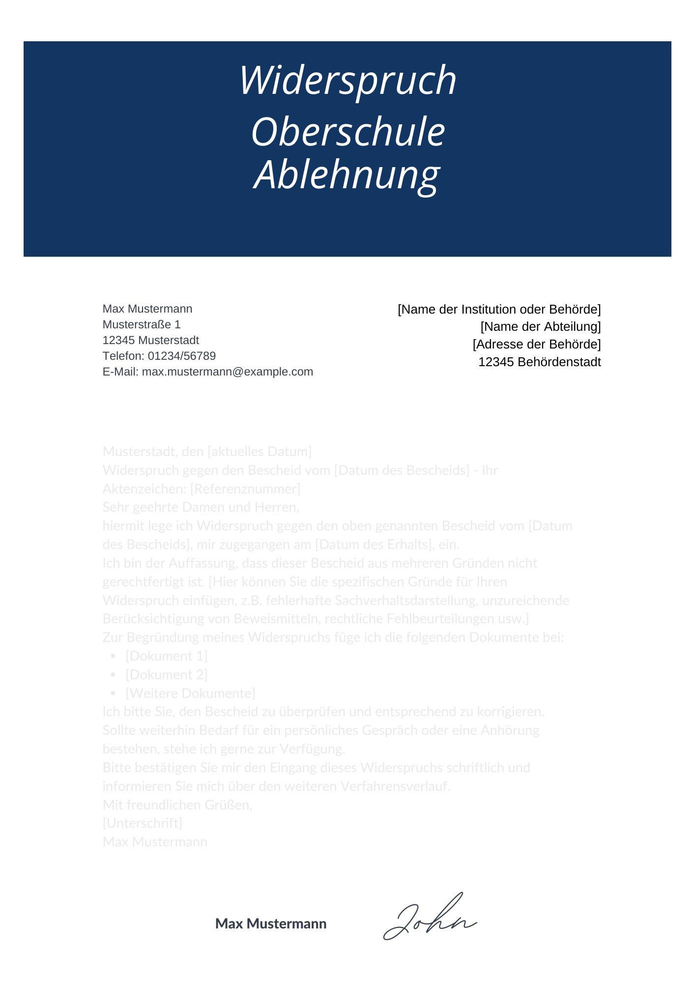 Widerspruch Oberschule Ablehnung