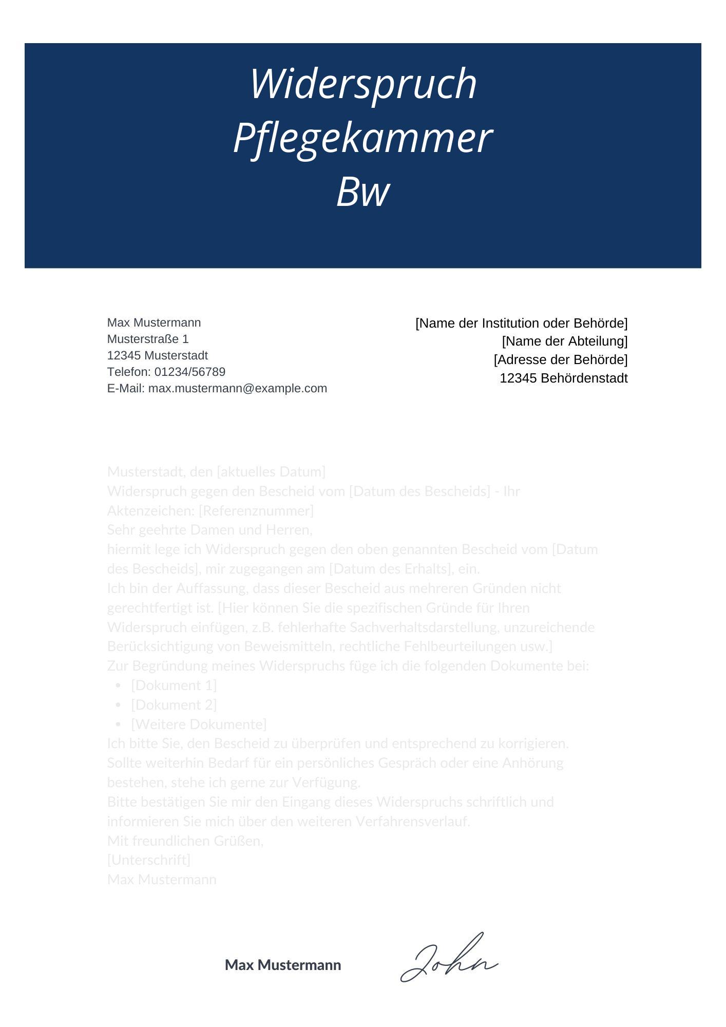 Widerspruch Pflegekammer Bw