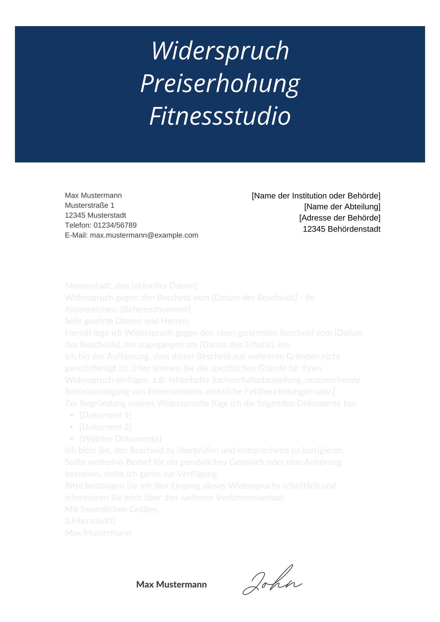 Widerspruch Preiserhöhung Fitnessstudio