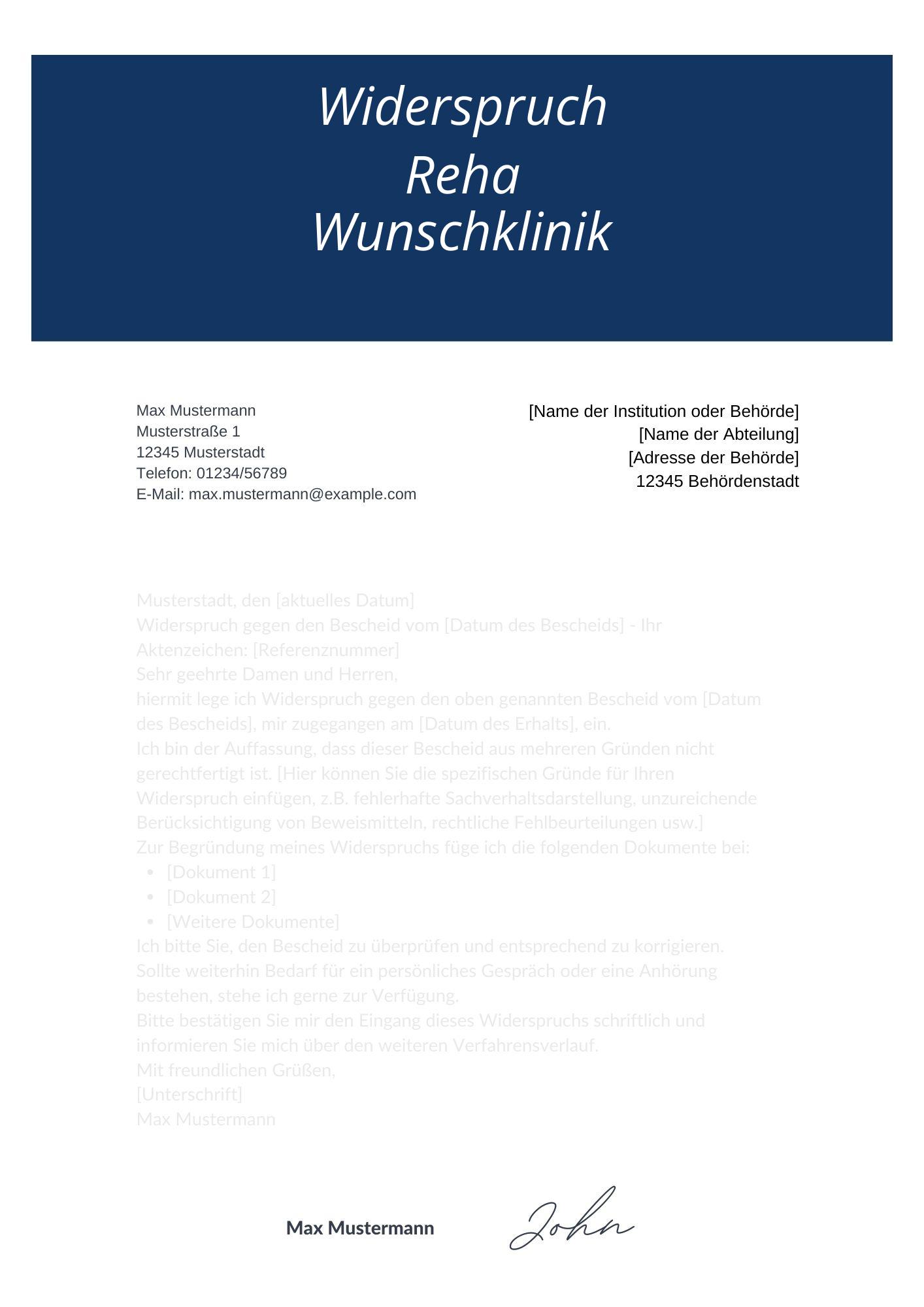Reha Wunschklinik Abgelehnt Wegen Zu Langer Wartezeit Widerspruch Reha Wunschklinik - Vorlage - Muster